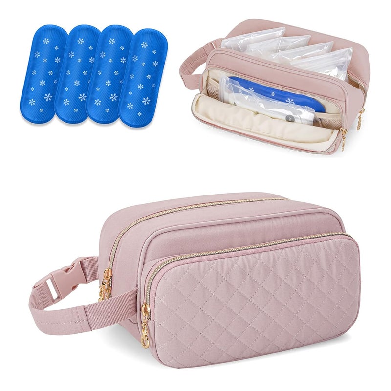 Damero Breastmilk Cooler Bag with 4 Ice Packs, Breast Milk Cooler Travel Bag Fit for Milk Bags or Bottles, with Buckle Handle for Breastfeeding Moms Travel/Daycare, Pink - Image 1